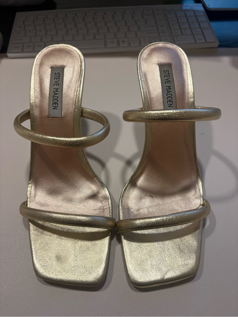 Steve Madden Metallic Gold Double-Strap Square-Toe Heels